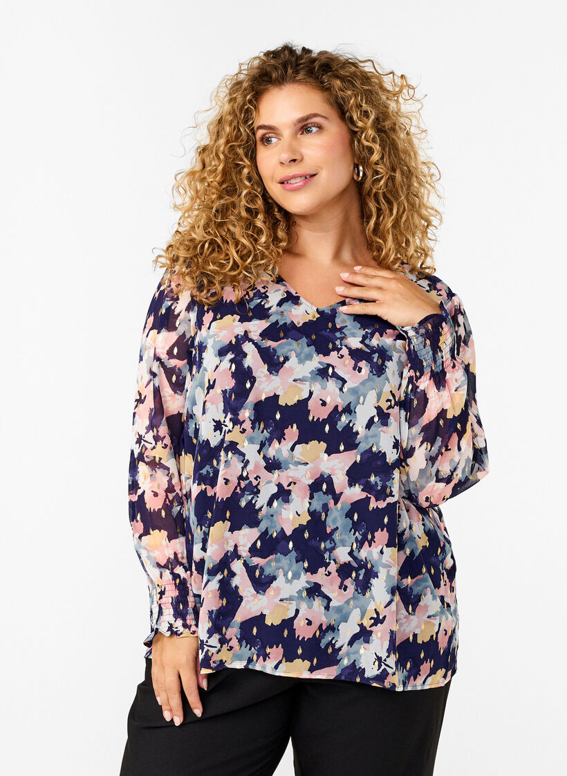 Gebloemde blouse met lange mouwen en V-hals, Night Sky AOP Flower, Model image number 0