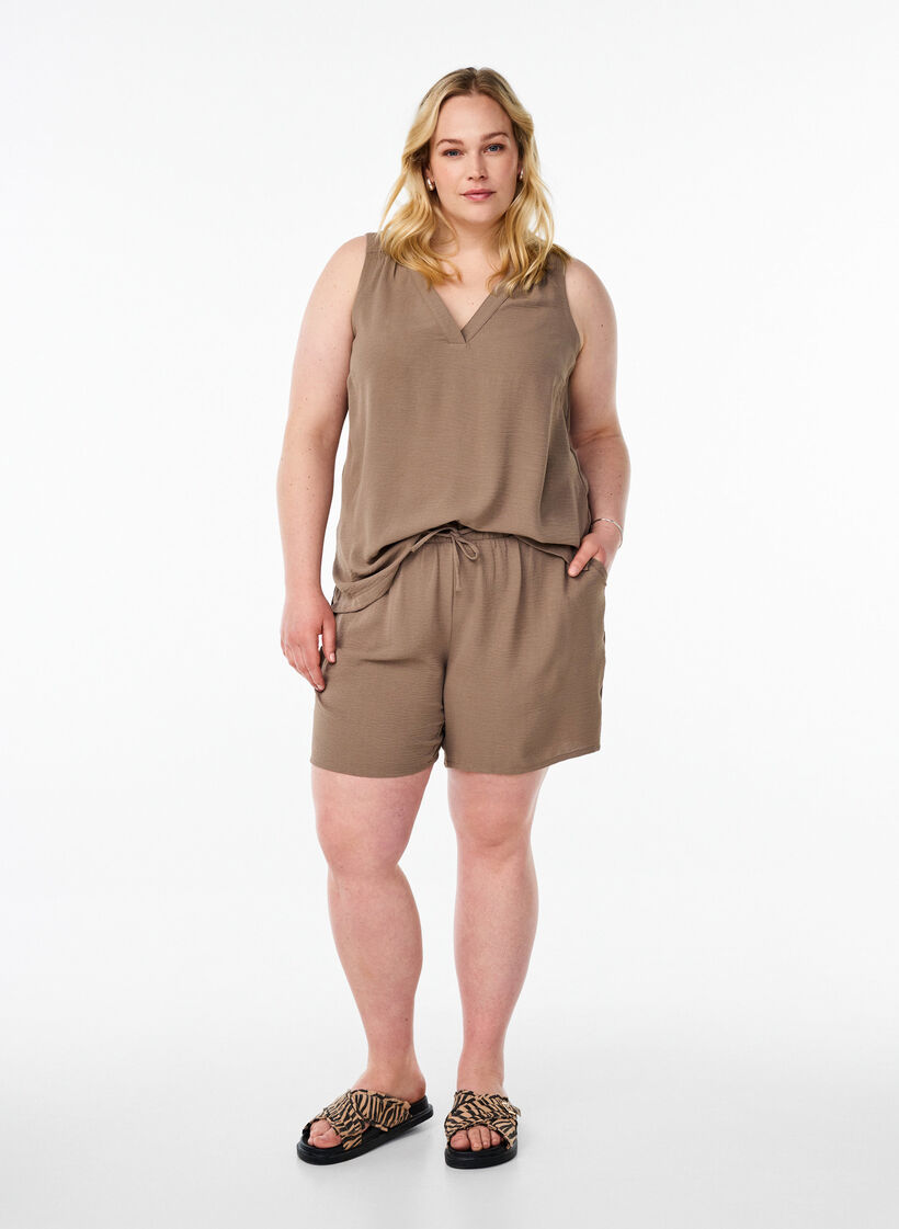 Mouwloze top met kreukeffecten, Bruin, Model image number 1
