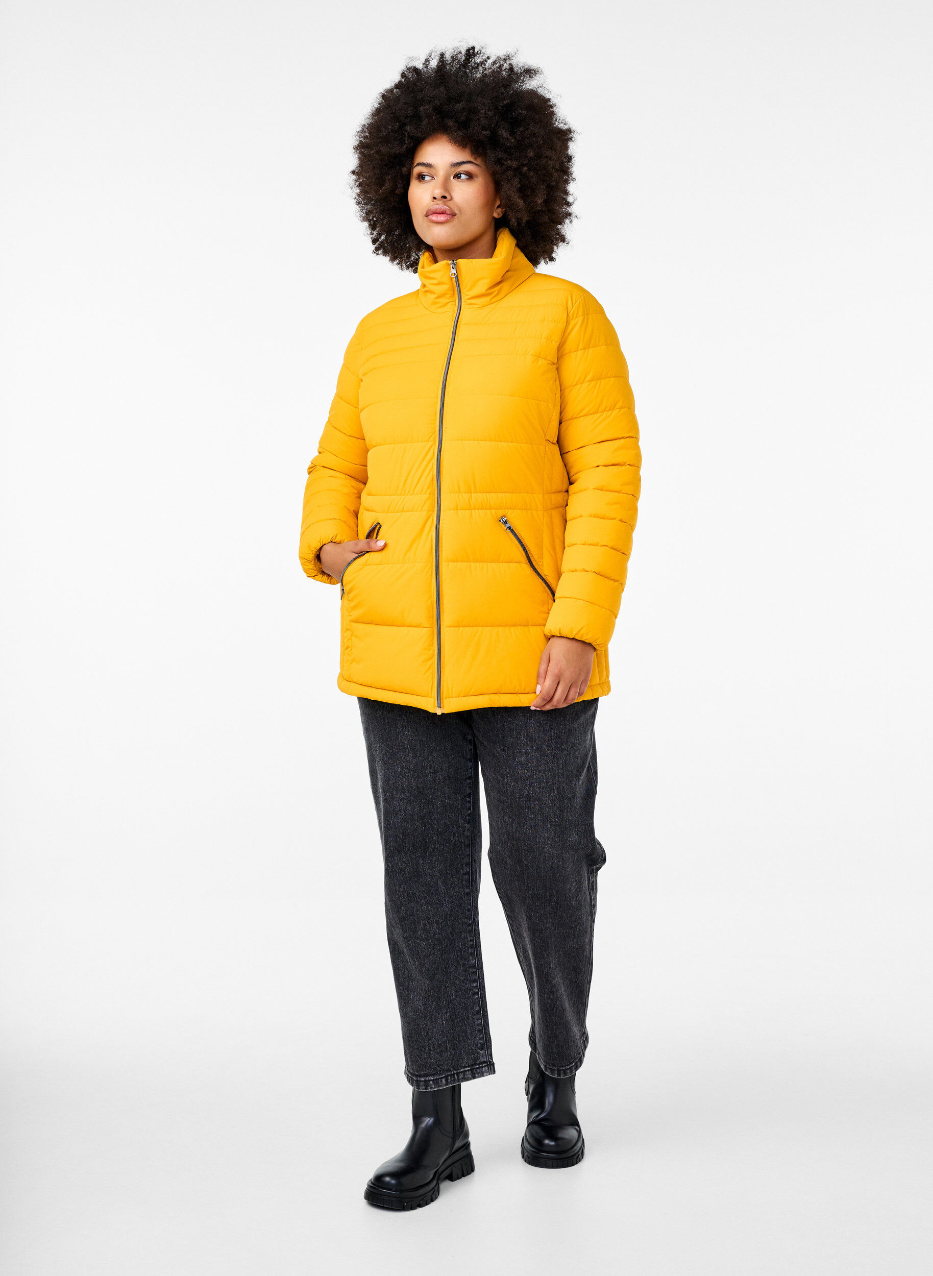 Zizzi Korte puffer jas met zakken, Geel, Model image number 1
