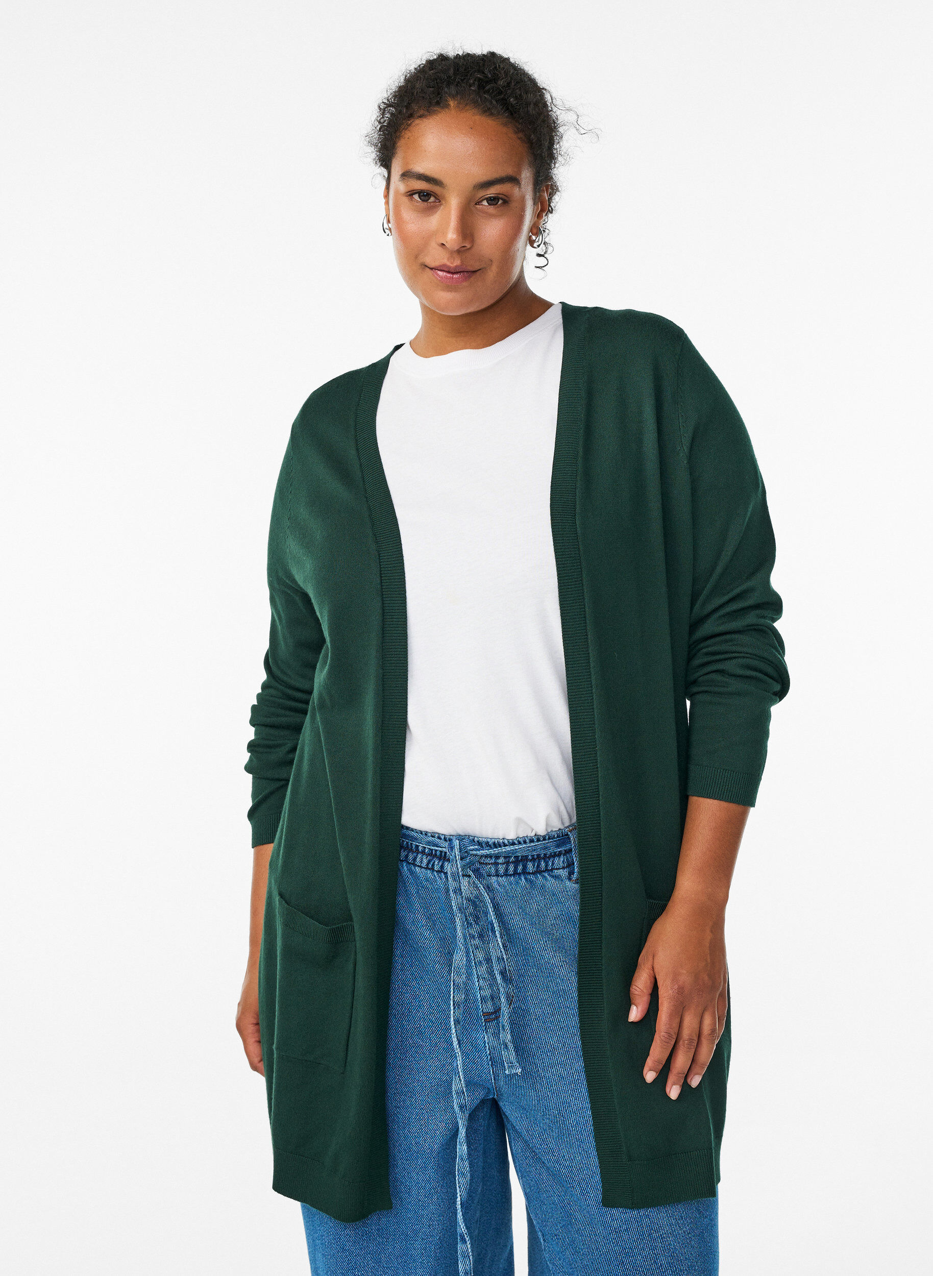 Lang gebreid vest van een viscose mix, Groen, Model