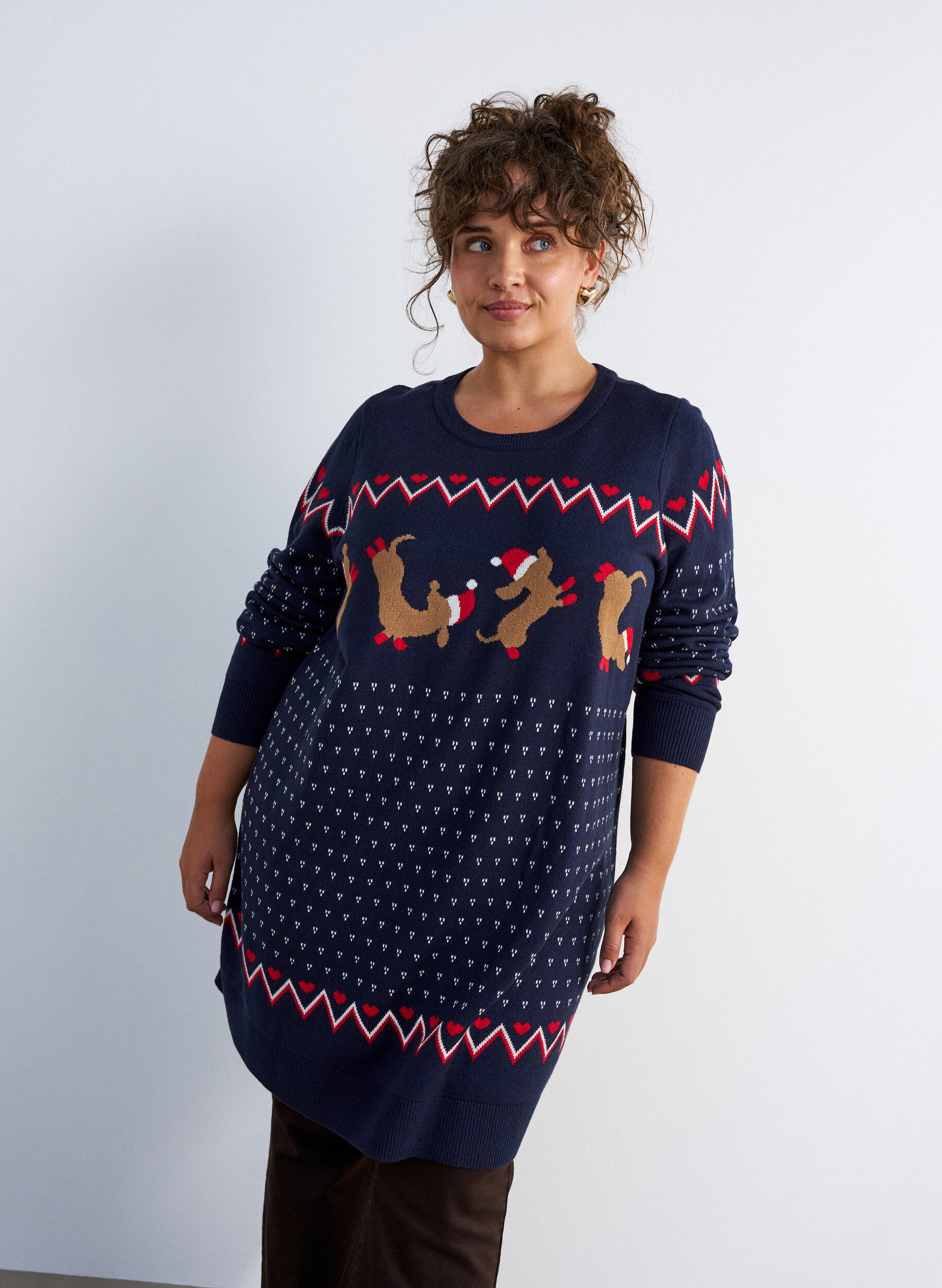 ZizziKorte gebreide jurk met kerstmotief, Blauw, Model image number 0