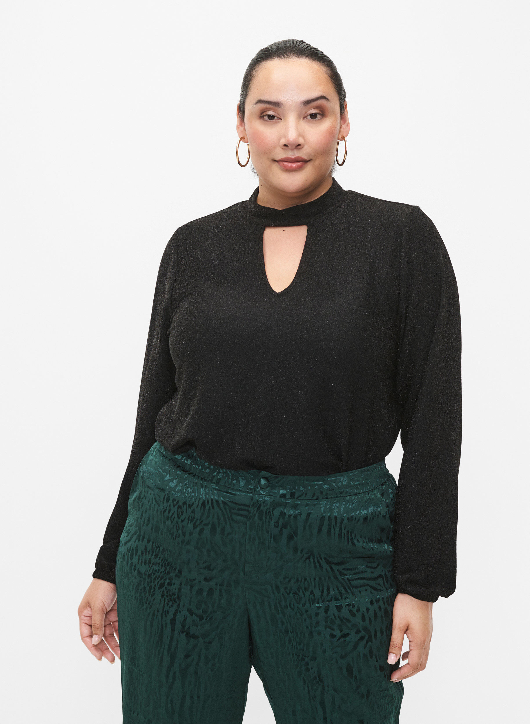 Zizzi Glitter blouse met lange mouwen, ronde hals en V-detail, Black Black, Model image number 0