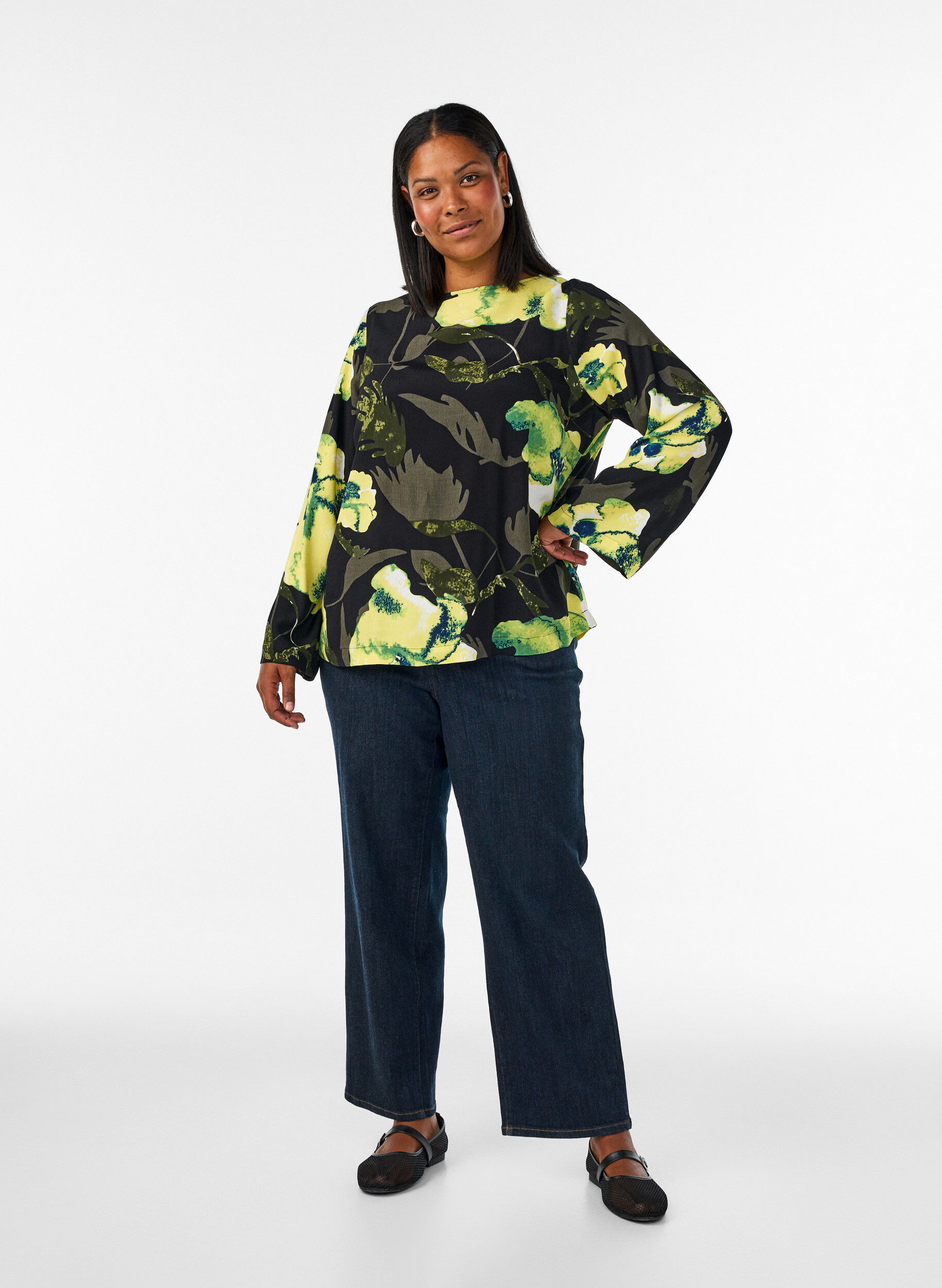 ZizziBlouse met bloemenprint, boothals en wijde mouwen, Zwart, Model image number 1