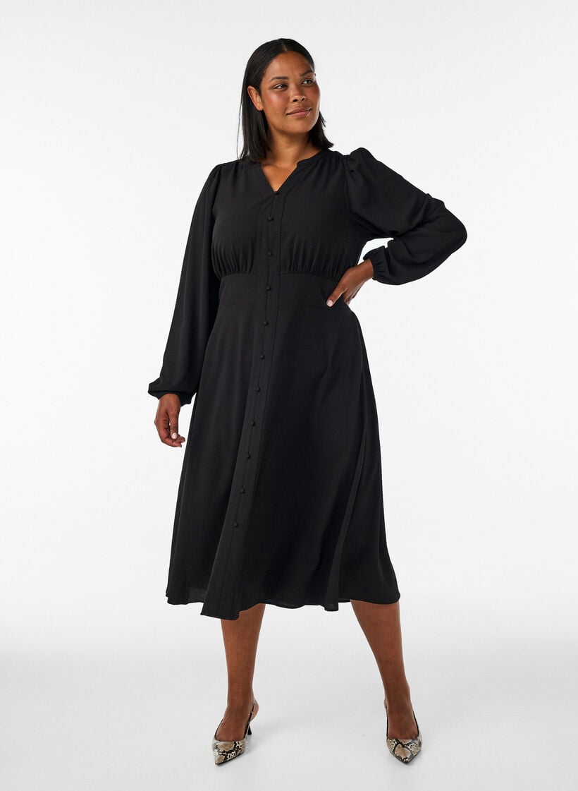 Midi-jurk met smock en decoratieve knopen, Zwart, Model image number 0
