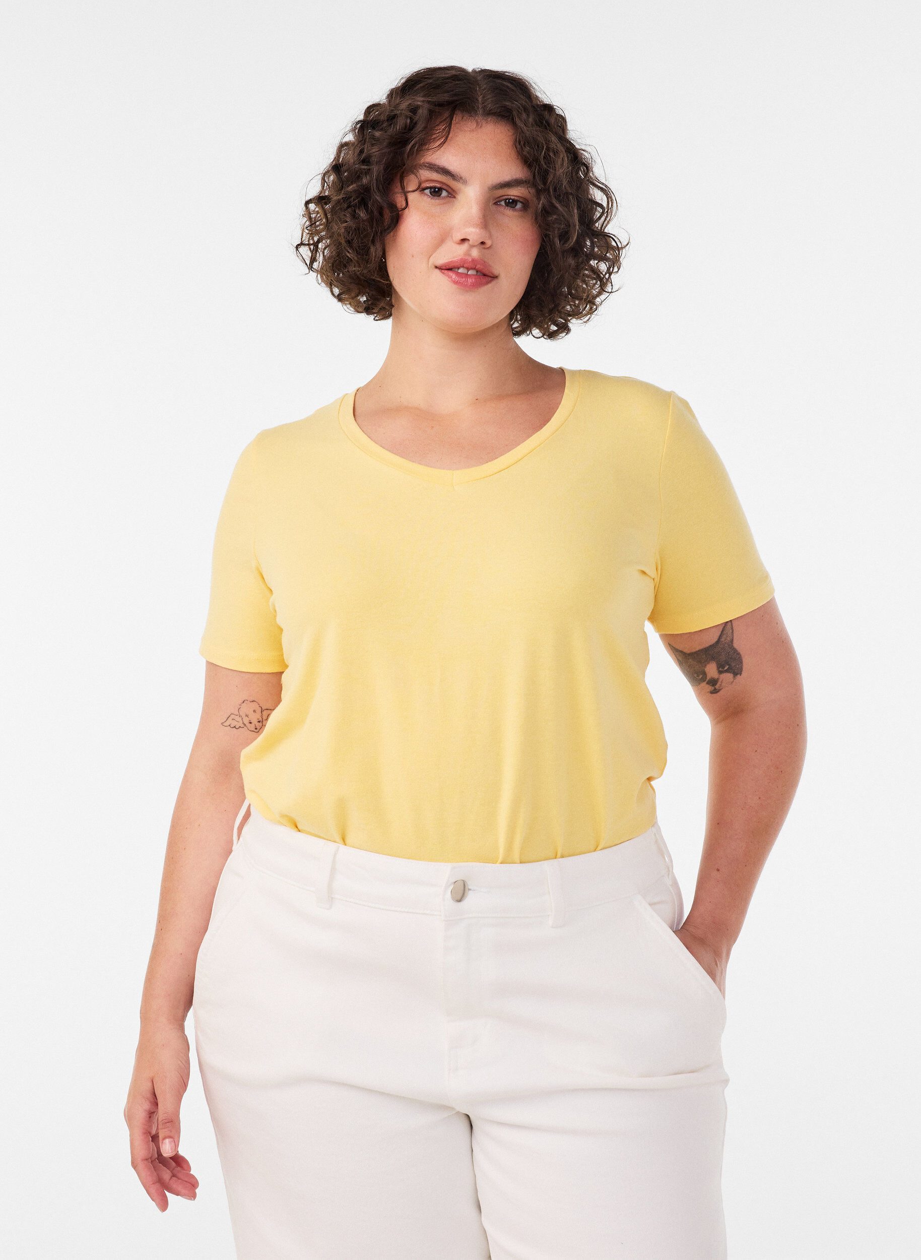 ZizziBasic t-shirt in effen kleur met katoen, Geel, Model image number 0