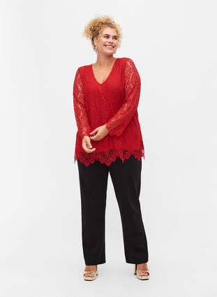 Kanten blouse met lange mouwen en v-hals, Tango Red, Model image number 2