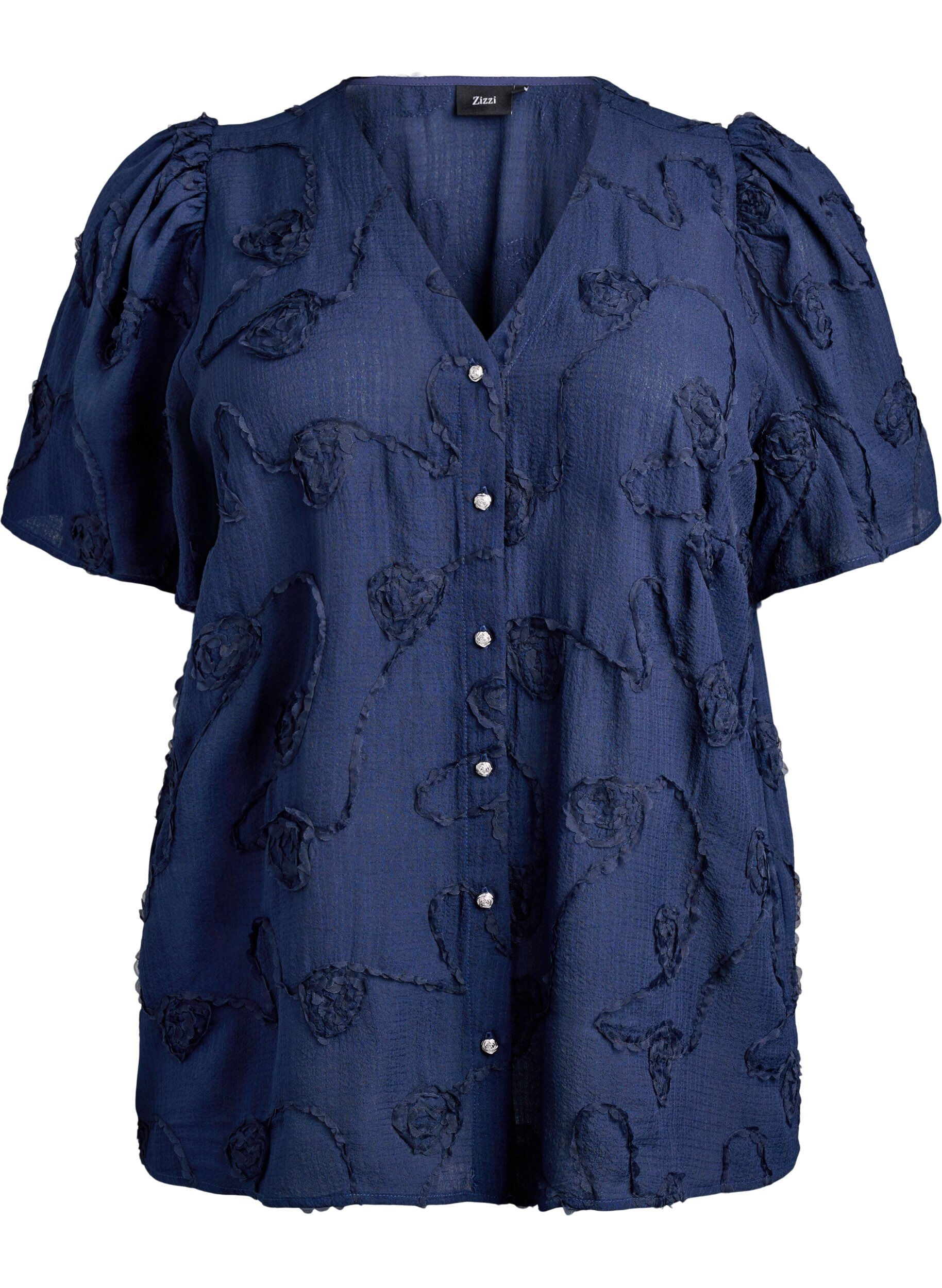 Zizzi Shirtblouse met korte mouwen en 3D-bloeimeffect, Blauw, Packshot image number 0