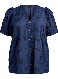 Shirtblouse met korte mouwen en 3D-bloeimeffect, Blauw