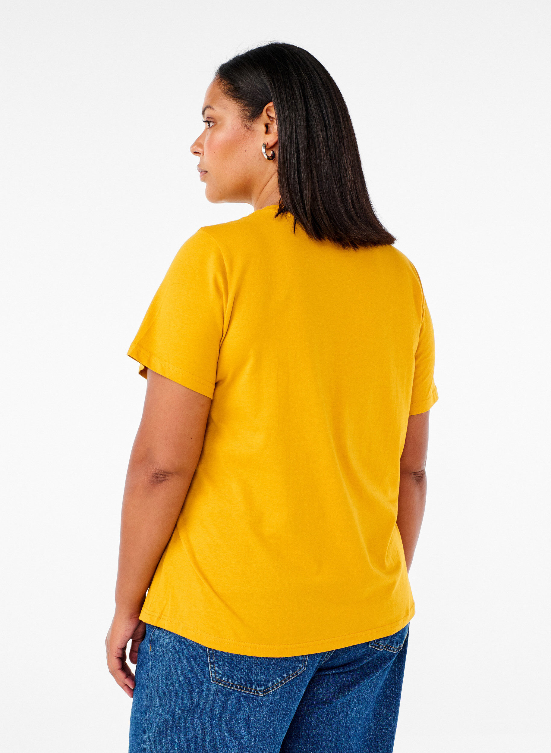 Zizzi Basic katoenen T-shirt met ronde hals, Geel, Model image number 2