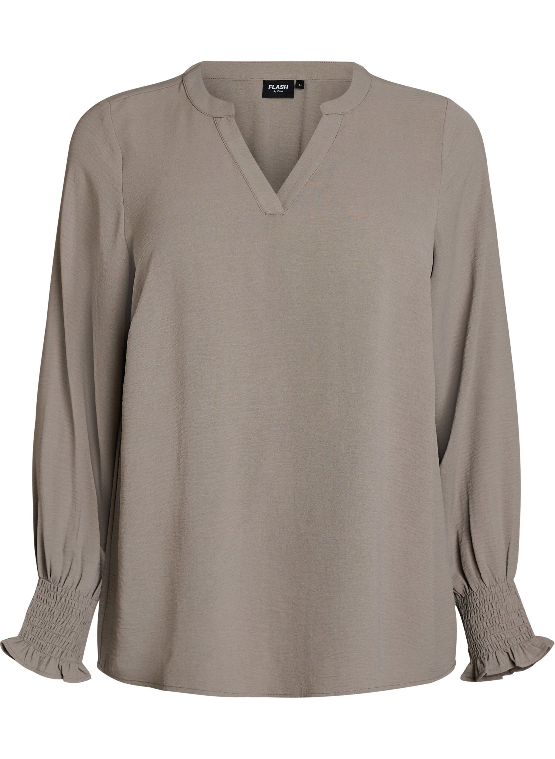 Zizzi Blouse met smockmanchetten en V-hals, Beige, Packshot image number 0