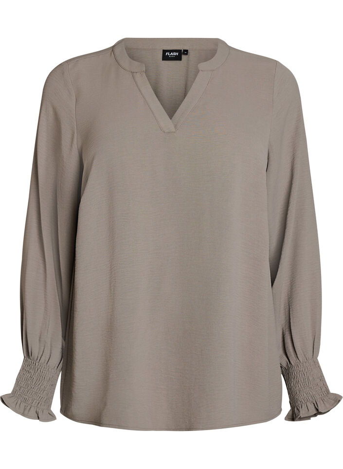 Blouse met smockmanchetten en V-hals, Beige, Packshot image number 0