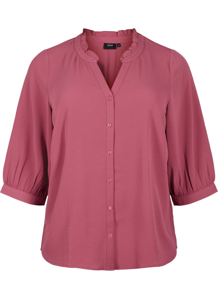 Overhemdblouse met 3/4-mouwen en een kraag met ruches, Dry Rose, Packshot image number 0