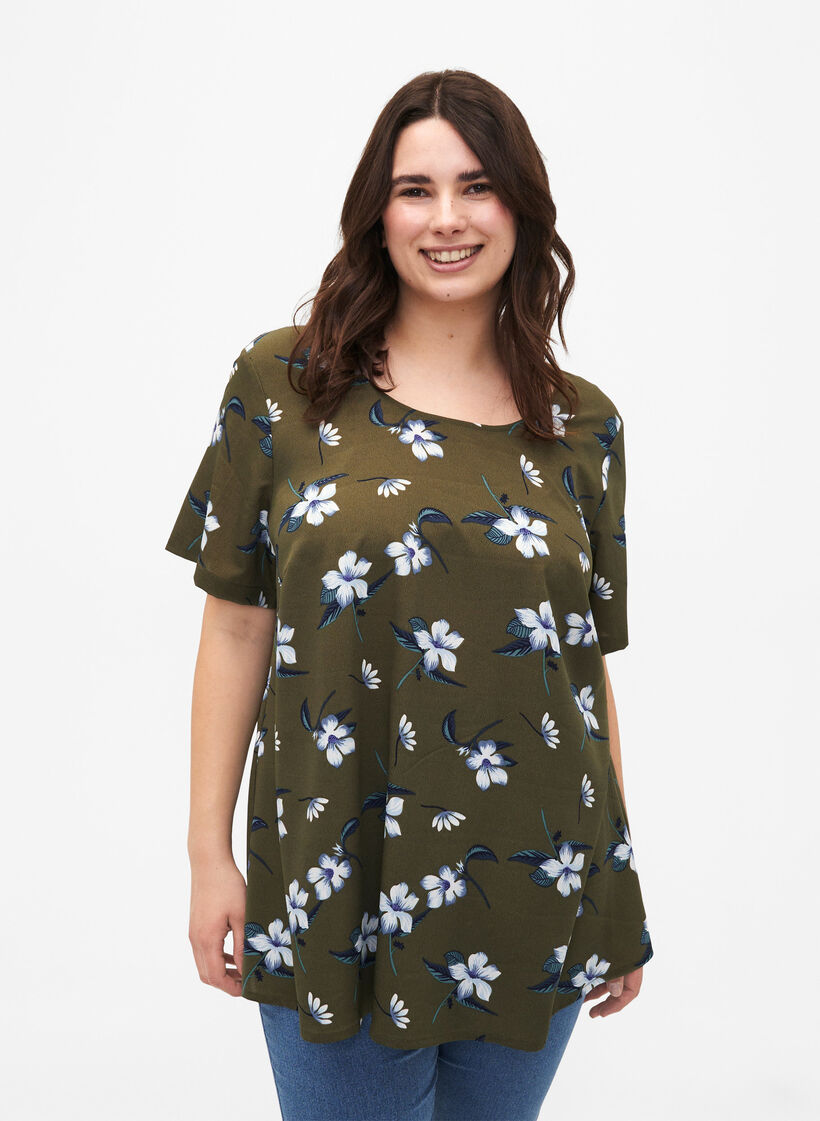 FLASH - Blouse met korte mouwen en print, Olive Night Flower, Model image number 0