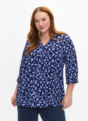Gebloemde blouse met 3/4 mouwen, M. Blue Flower AOP, Model image number 0