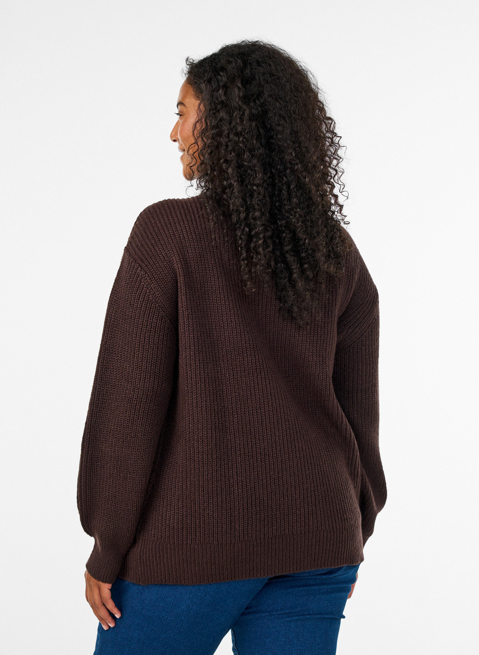 ZizziGebreide trui met hoge hals en rits, Bruin, Model image number 2