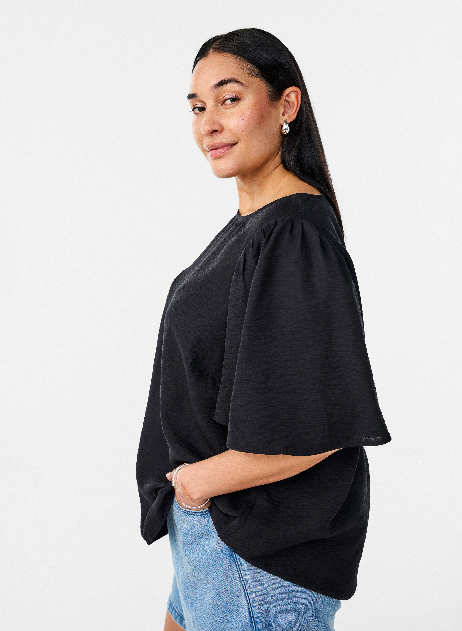 Zizzi Blouse met korte, wijde mouwen, Zwart, Image image number 0