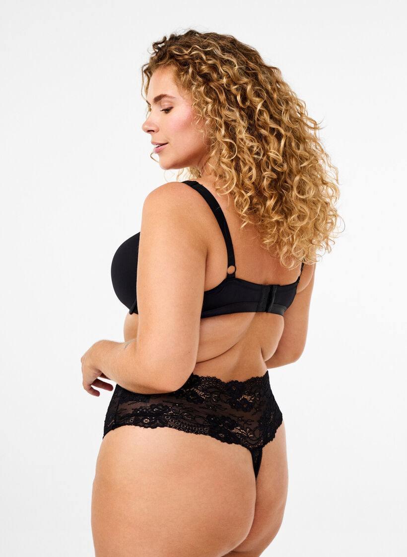 Microvezel string met kanten details, Zwart, Model image number 1