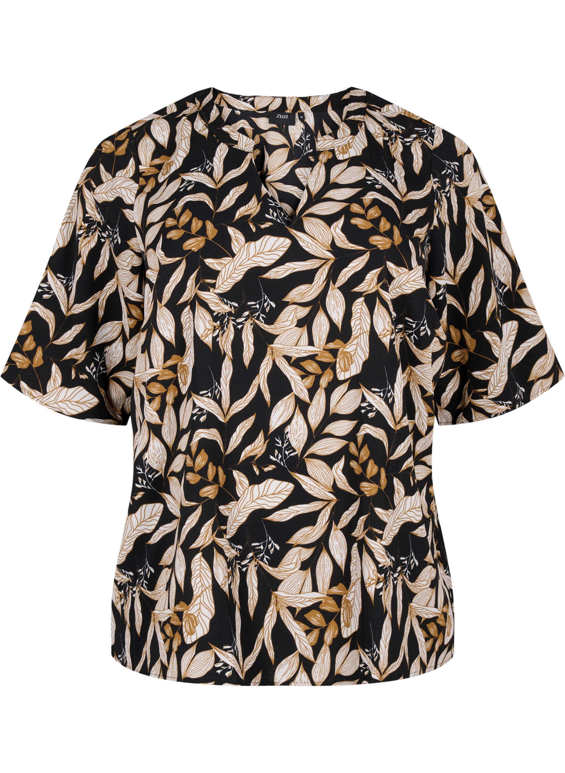 Zizzi Blouse met V-hals en strikprint, Black Leaf AOP, Packshot image number 0