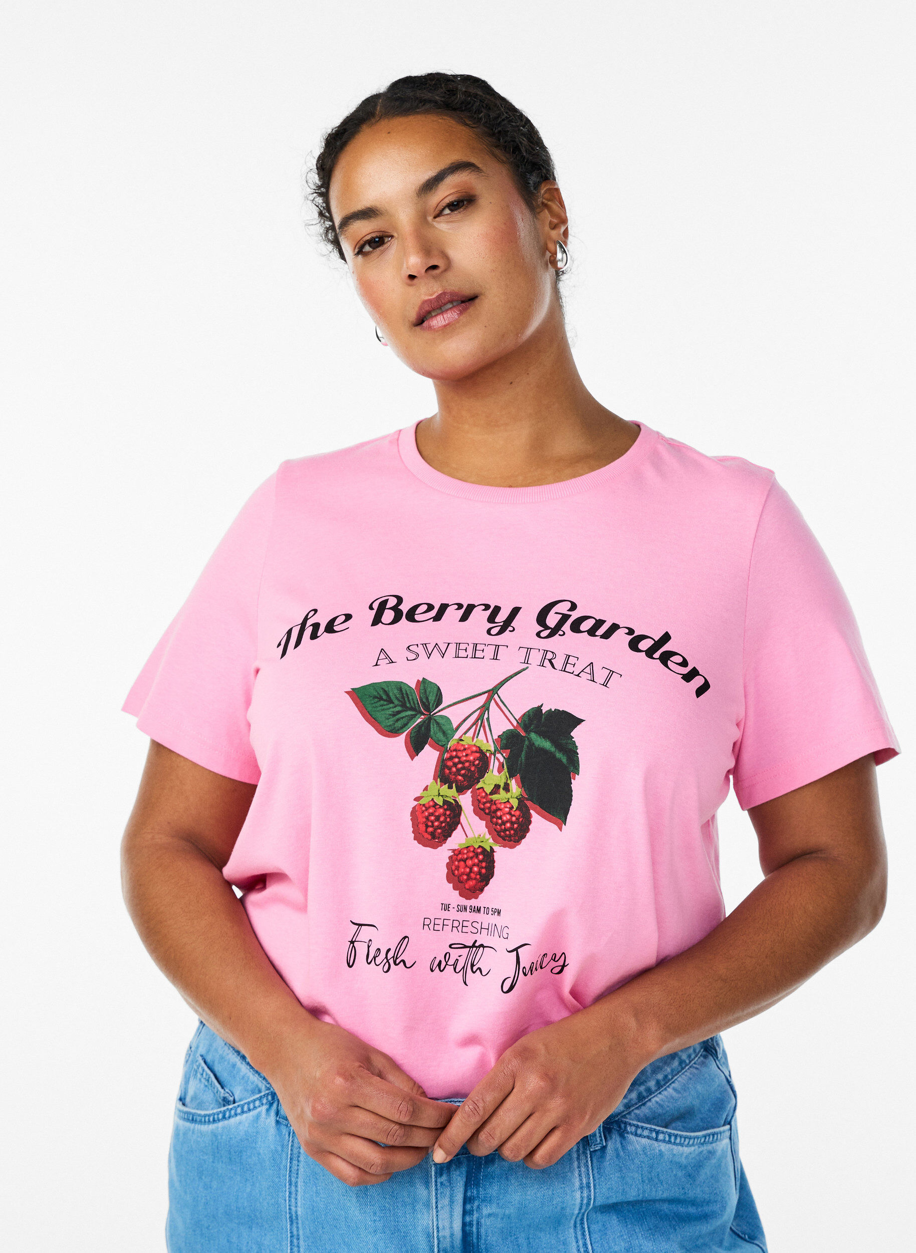 Zizzi Katoenen T-shirt met fruitprint en tekst, Roze, Model image number 0