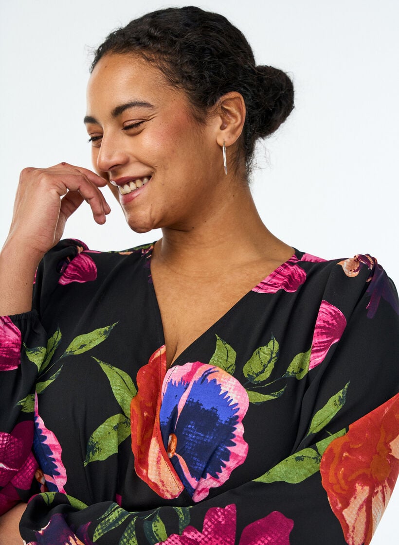 Maxijurk met overslaghals en lange mouwen, Zwart, Model image number 2