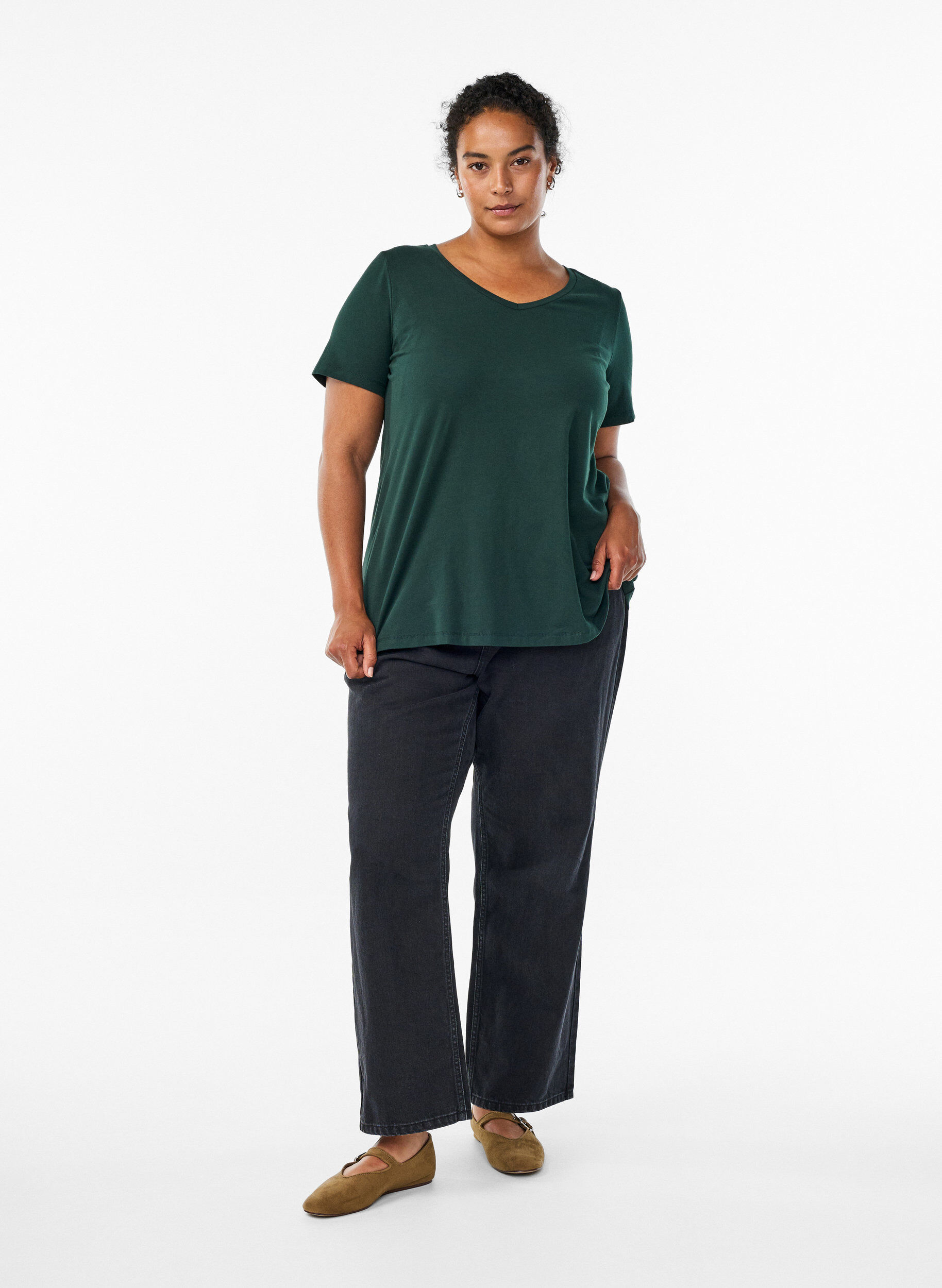 ZizziBasic t-shirt in effen kleur met katoen, Groen, Model image number 1