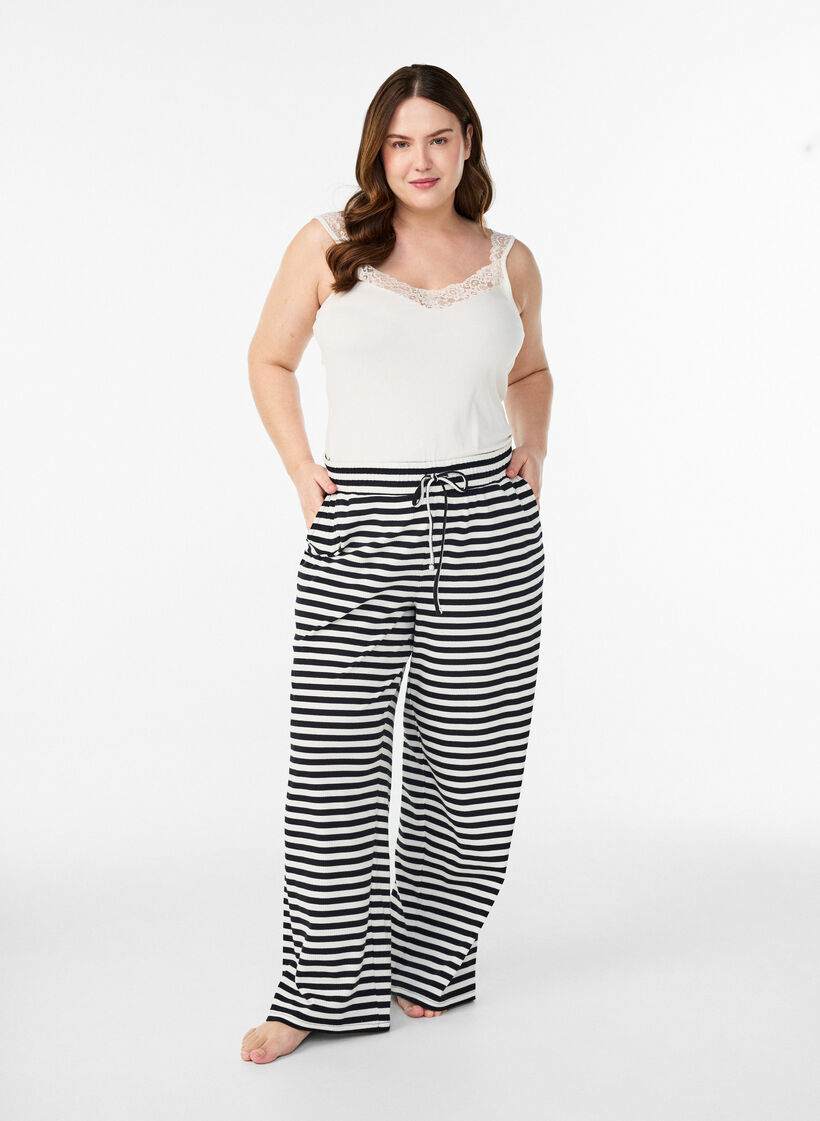 Gestreepte pyjamabroek met een high waist en wijde pijpen, Zwart, Model image number 0