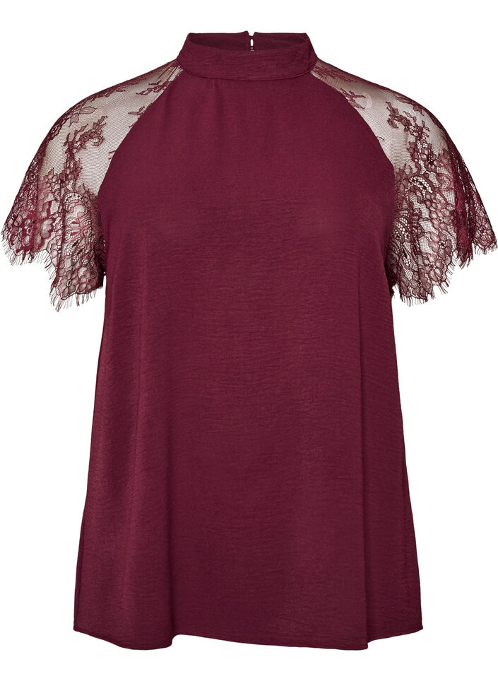 Blouse met korte kanten mouwen en hoge hals, Rood, Packshot image number 0