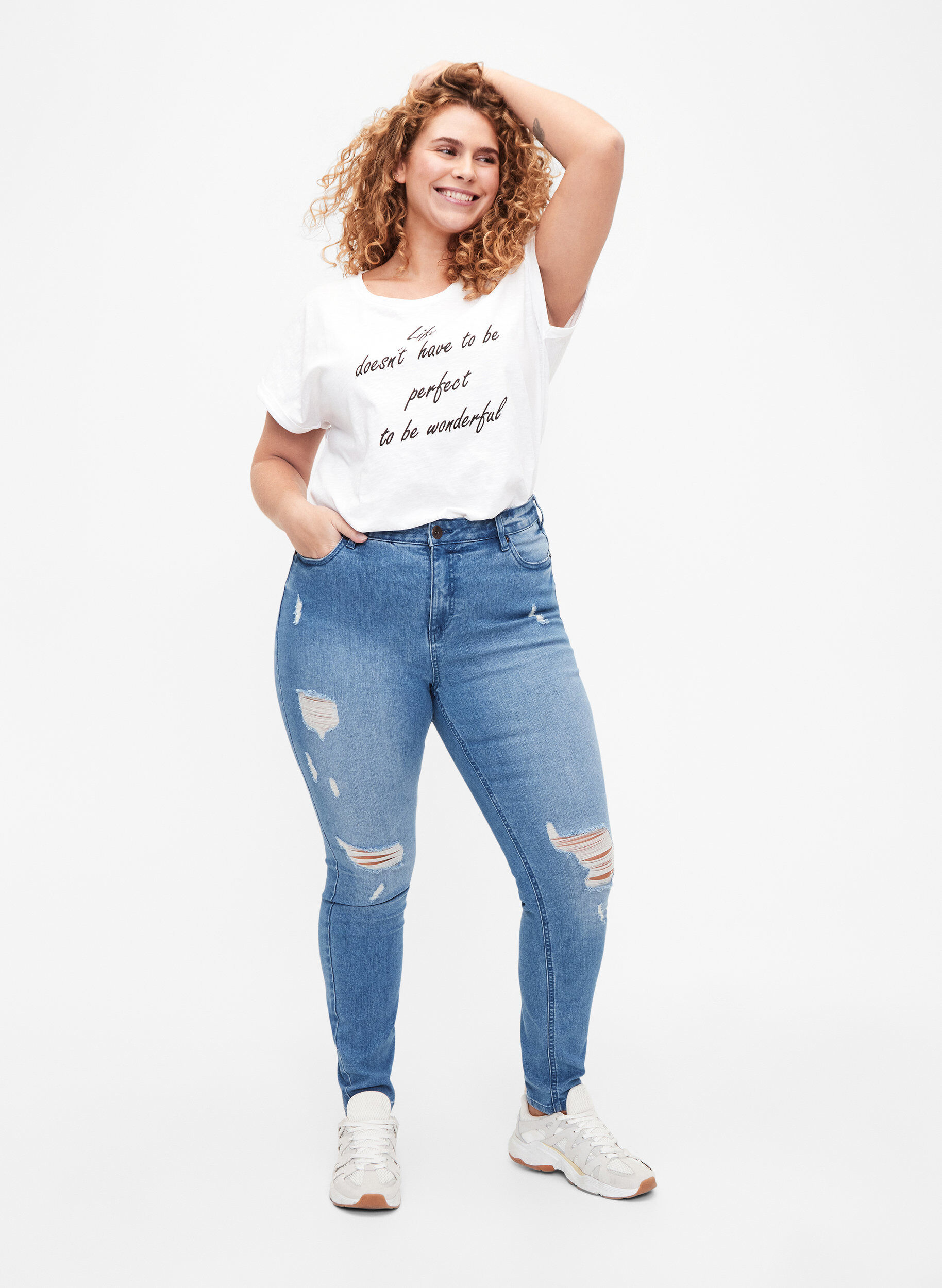 Amy jeans met super slim fit en ripped details, Blauw, Model