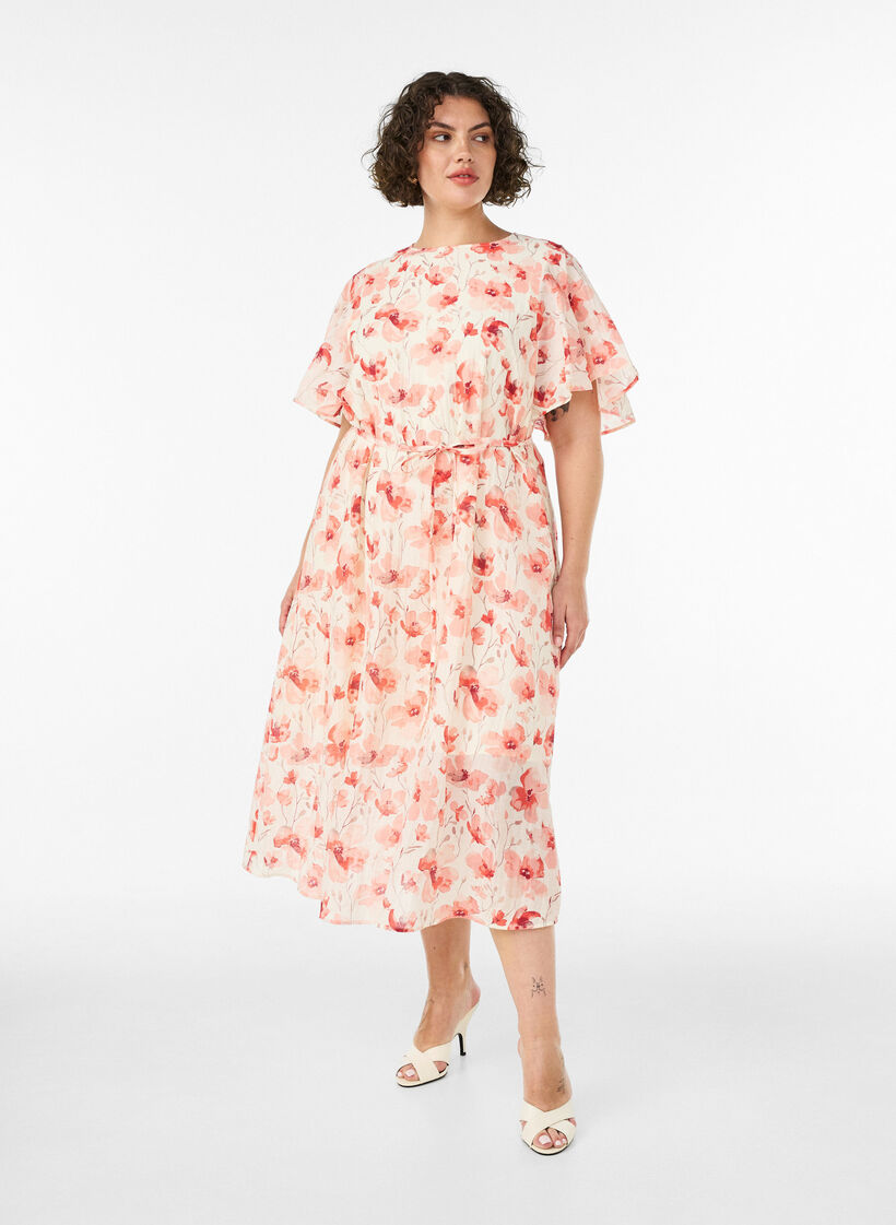 Enkellange jurk met vlindermouwen en strikceintuur, Roze, Model image number 0