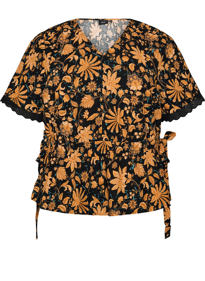 Katoenen blouse met bloemenprint en striksluiting, Oranje, Packshot image number 0