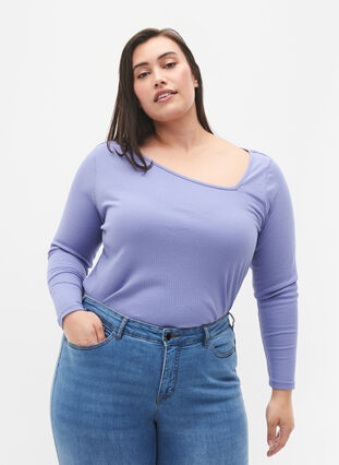 Lange mouw t-shirt met asymmetrische snit, Lavender Violet, Model image number 0