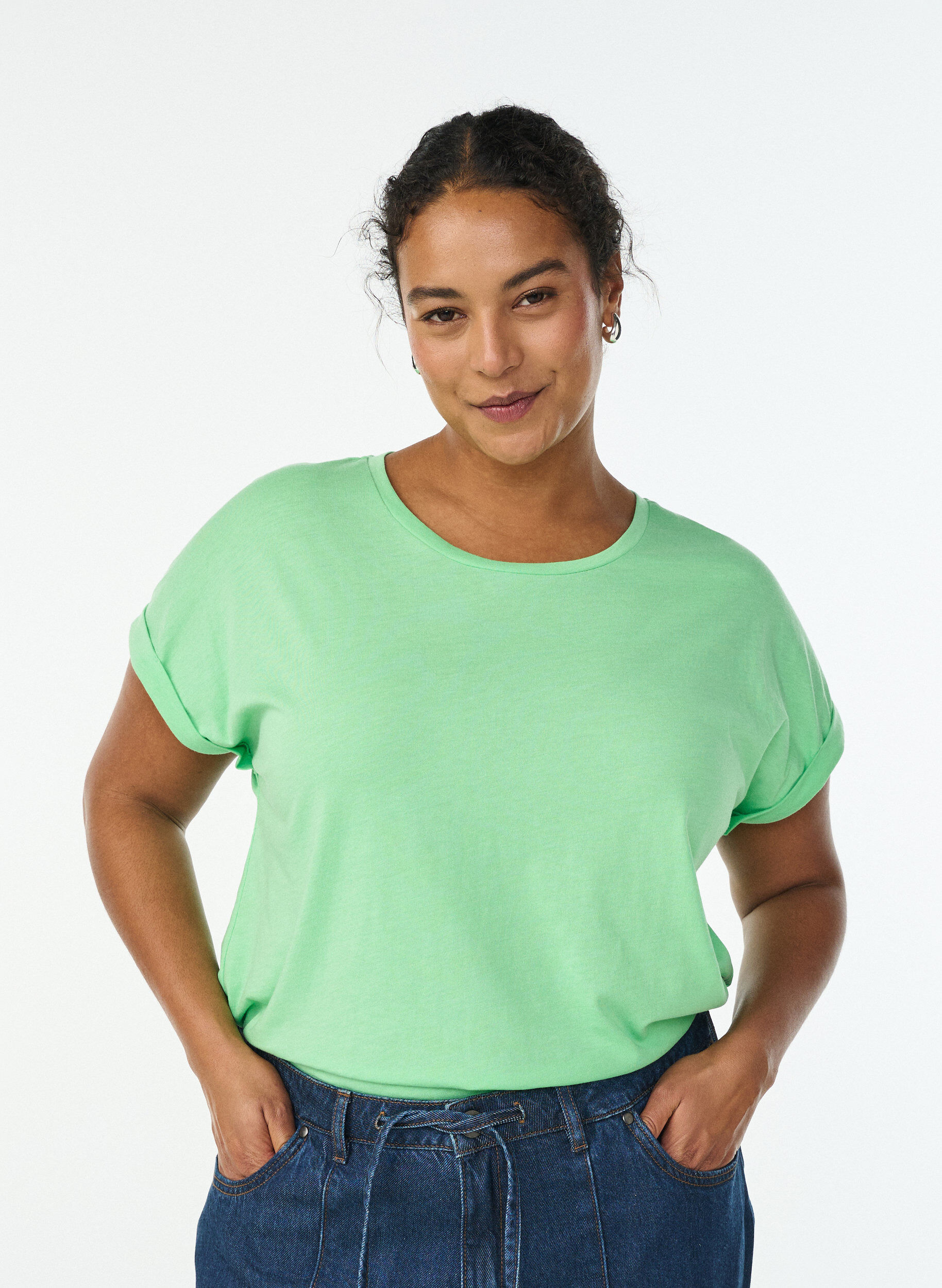 T-shirt met korte mouwen van katoenmix, Groen, Model