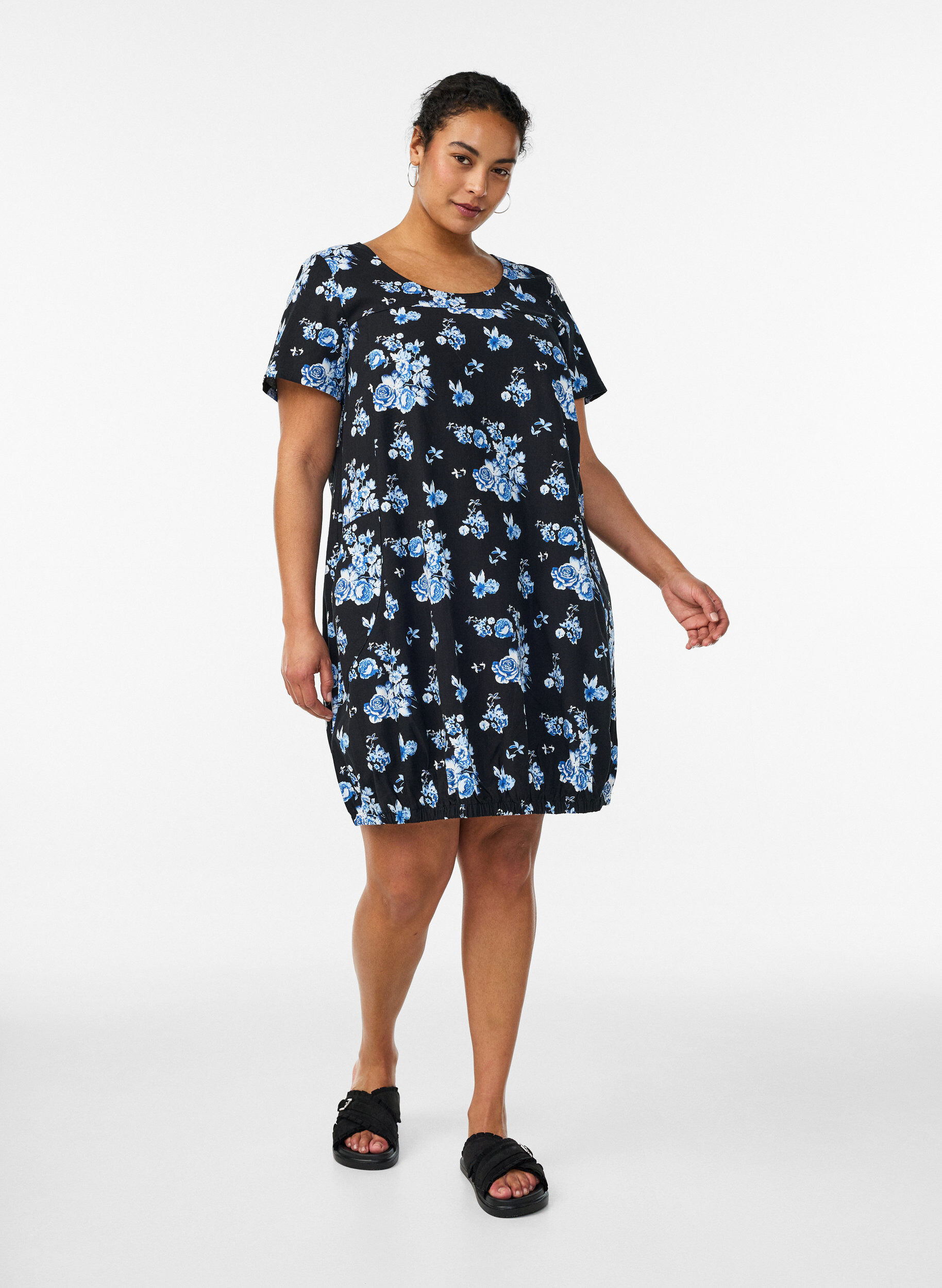ZizziKatoenen jurk met korte mouwen en print, Zwart, Model image number 1