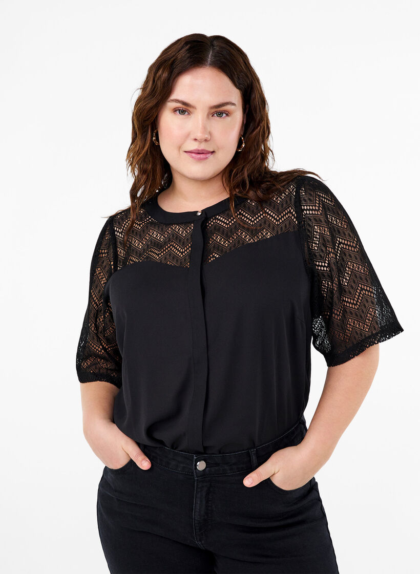 Overhemdblouse met korte kanten mouwen, Black, Model image number 0