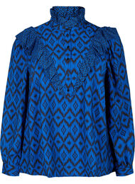 Shirt blouse in viscose met franjes details, True blue w. Black, Packshot