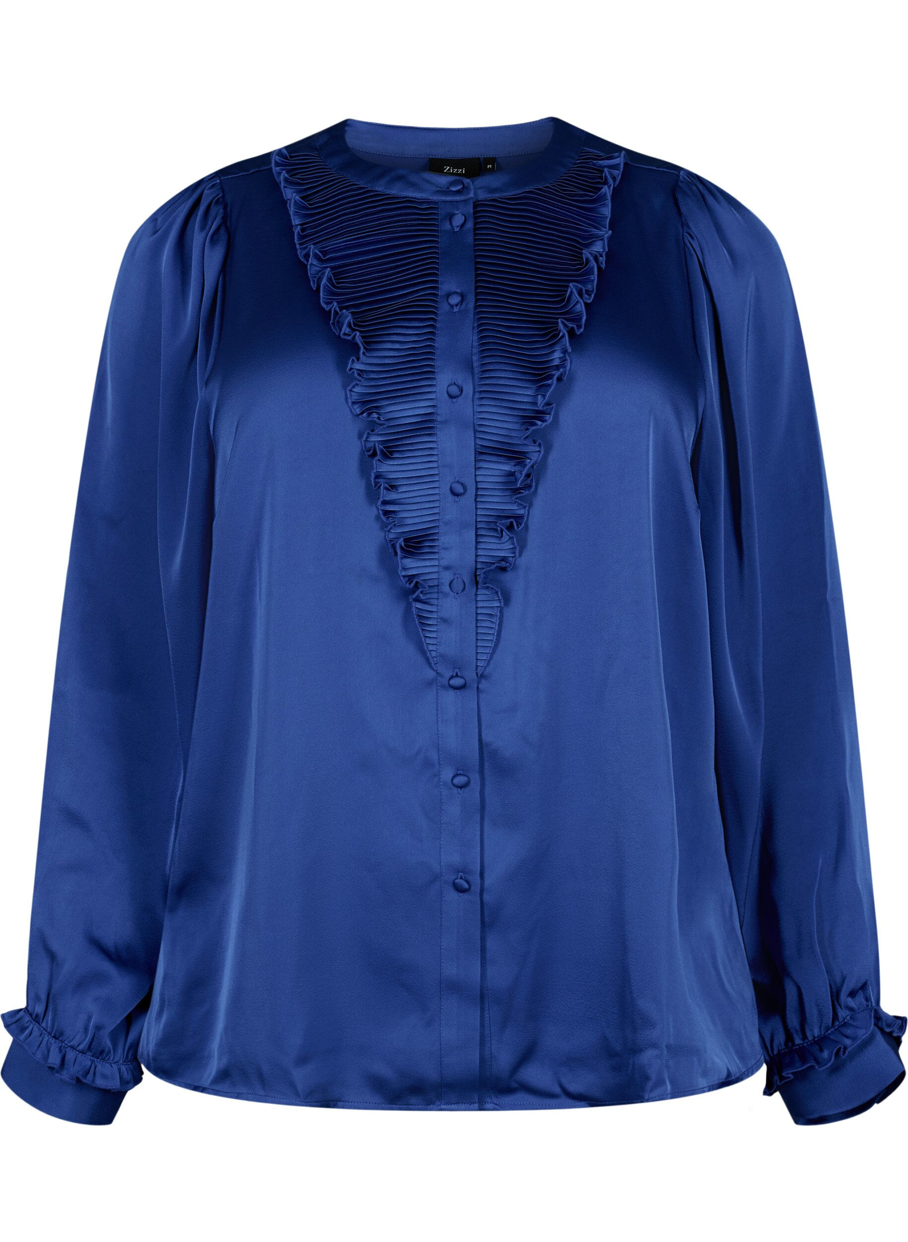 Zizzi Satijnen overhemd blouse met ruches, Deep Ultramarine, Packshot image number 0