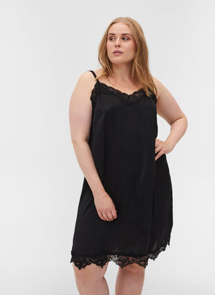 Pyjama jurk met kant, Black, Model image number 0