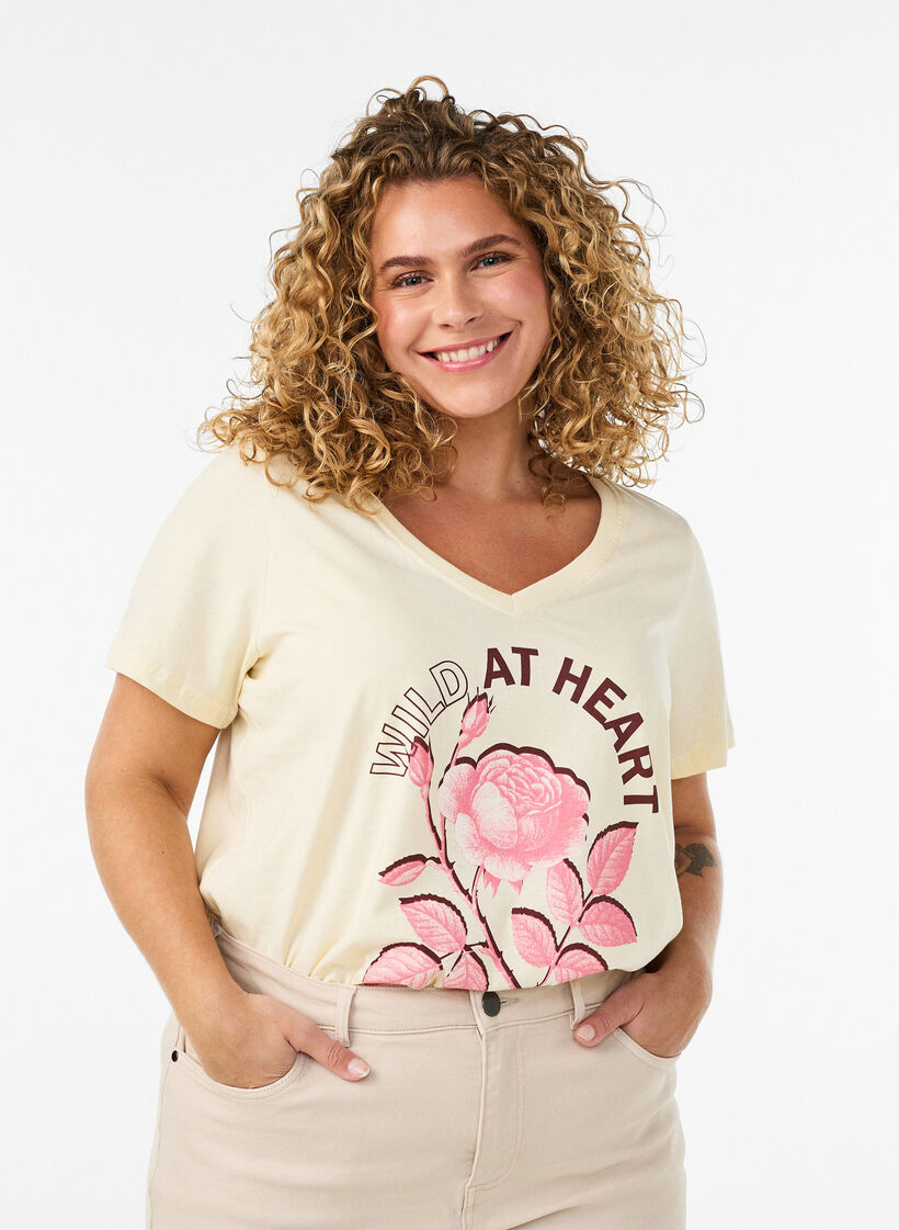 Katoenen T-shirt met V-hals en print aan de voorkant, Beige, Model image number 0