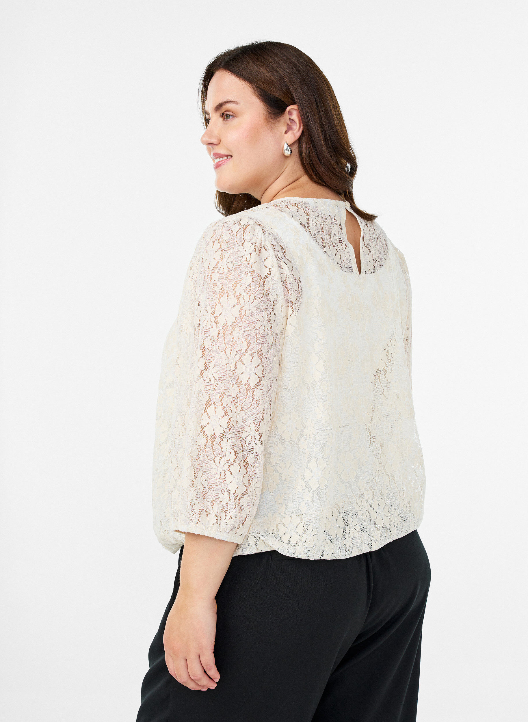 Zizzi Kantblouse met 3/4 mouwen, Vanille, Model image number 2