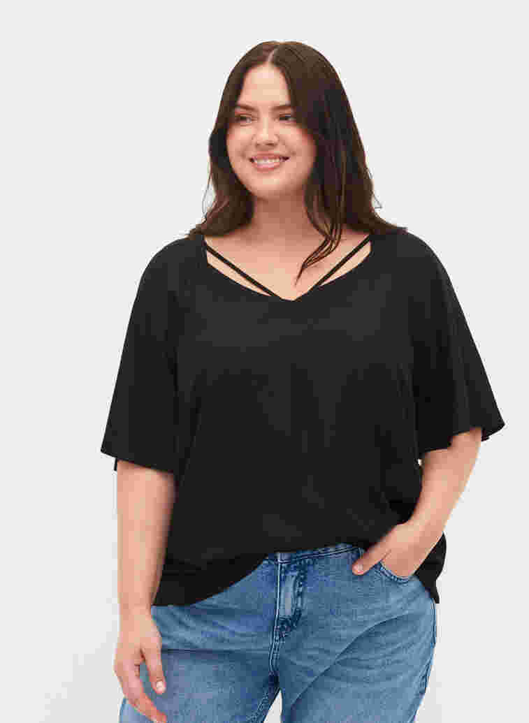 Viscose blouse met korte mouwen en touwtjes detail, Black, Model image number 0