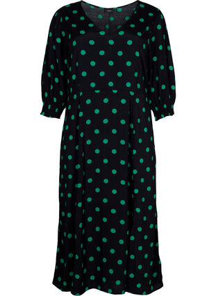 Polka stippen viscose midi jurk, Black Jol Green Dot, Packshot image number 0