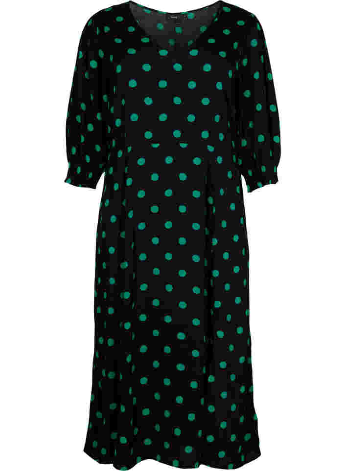 Polka stippen viscose midi jurk, Black Jol Green Dot, Packshot image number 0