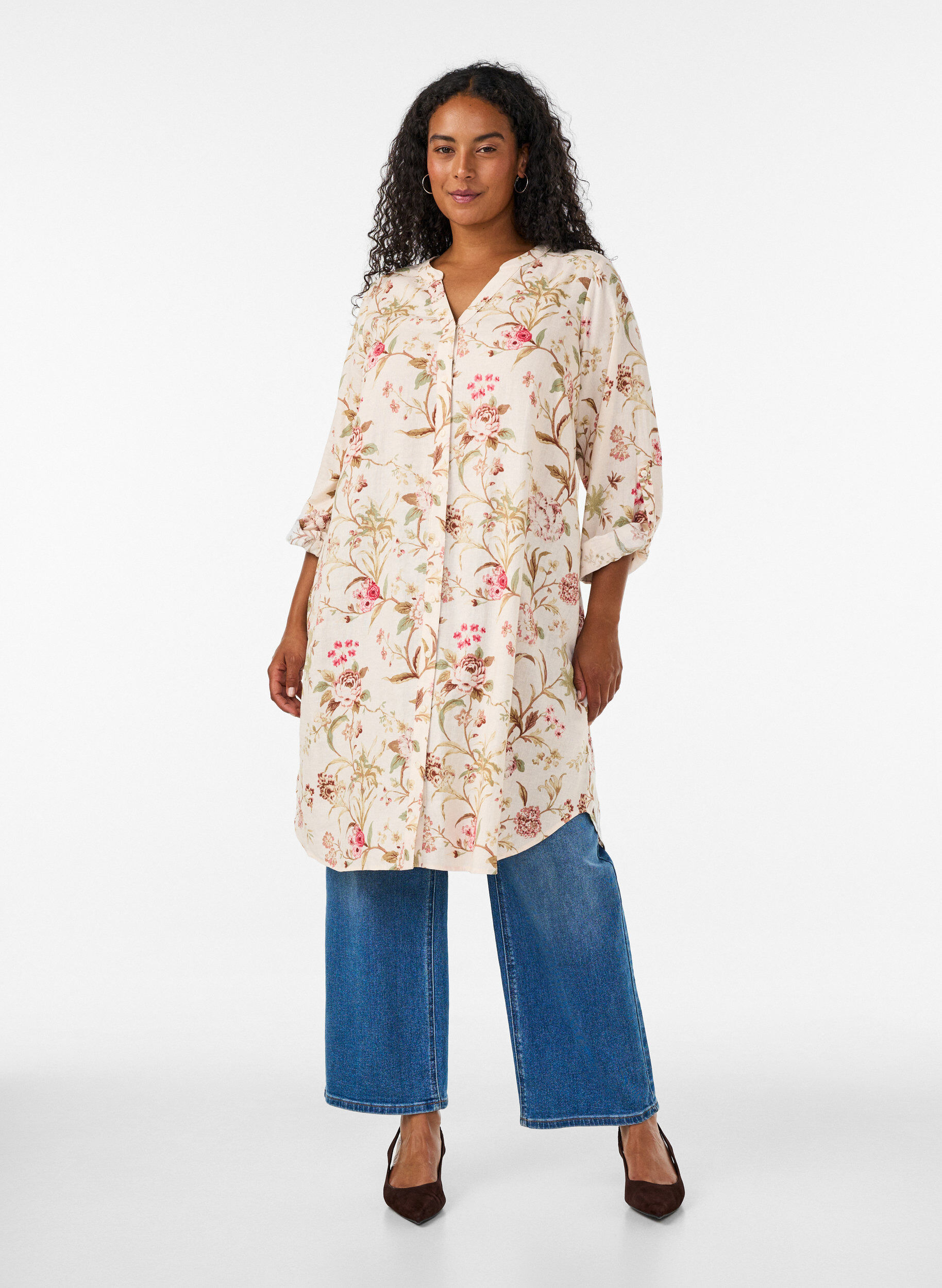 ZizziLang shirt in linnen en viscose, Vanille, Model image number 1