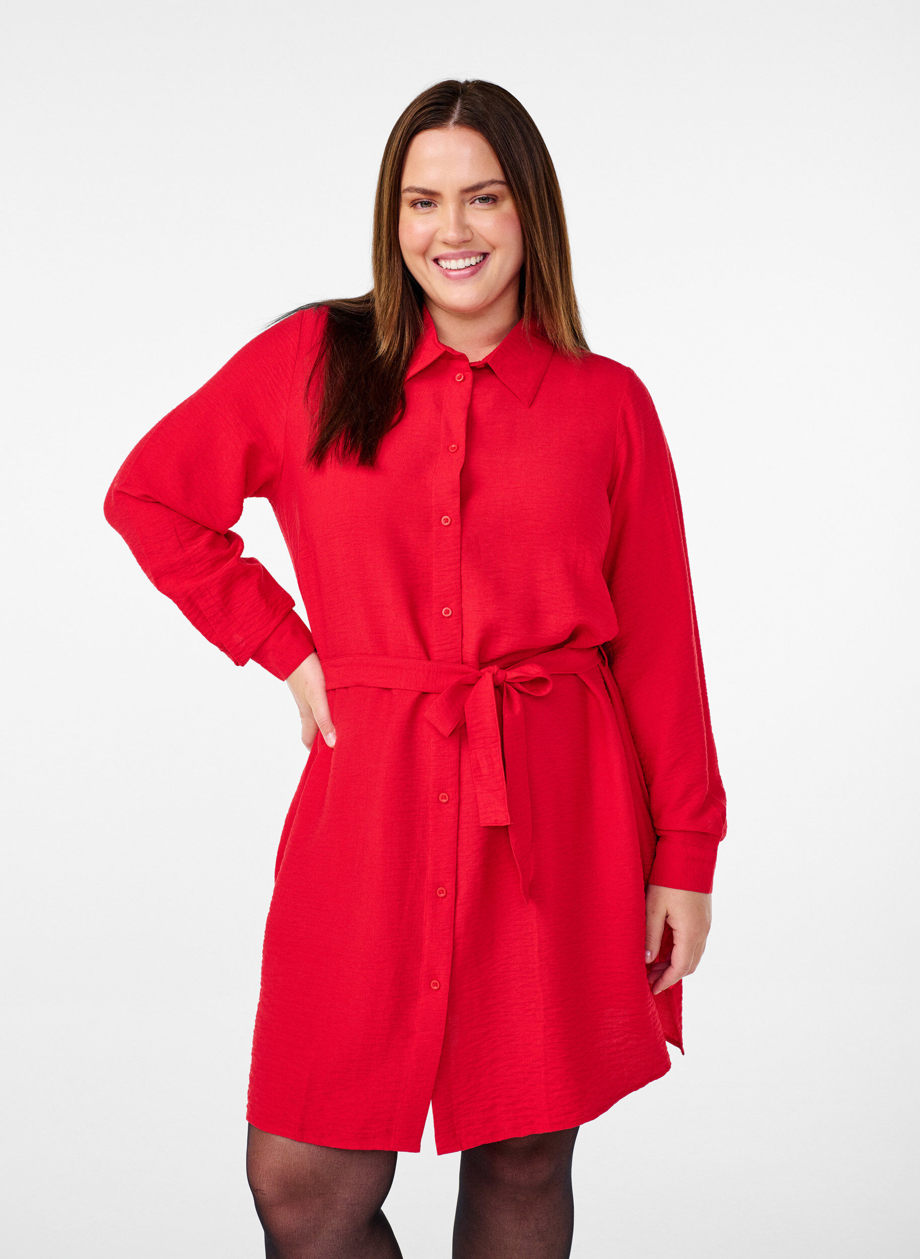 Zizzi Jurk met lange mouwen en strikriem, Rood, Model image number 0
