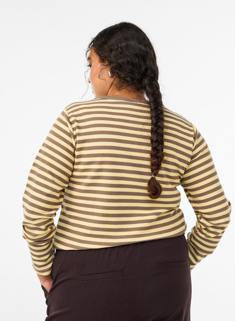 Gestreepte blouse met lange mouwen, Bruin, Model image number 2