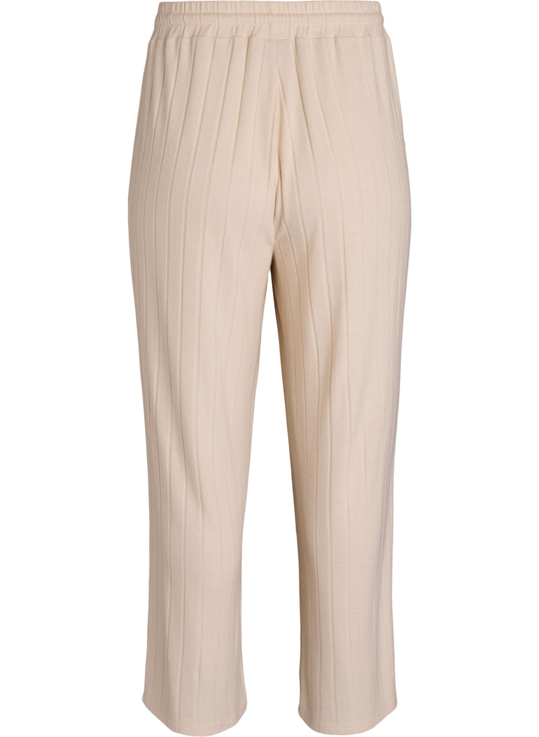 Zizzi Geribde jersey lounge broek met hoge taille, Beige, Packshot image number 1