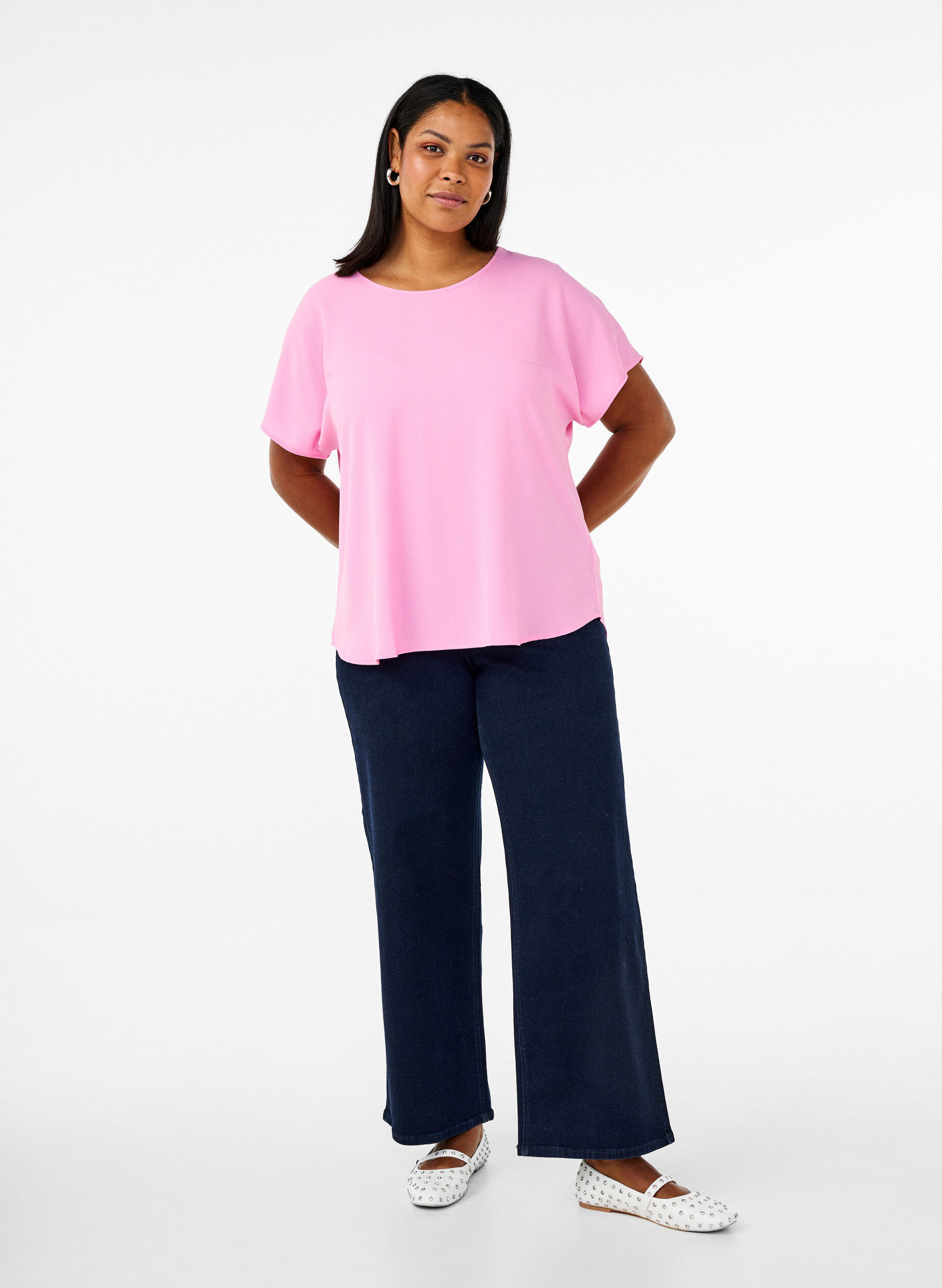 ZizziBlouse met korte mouwen en een ronde halslijn, Roze, Model image number 1