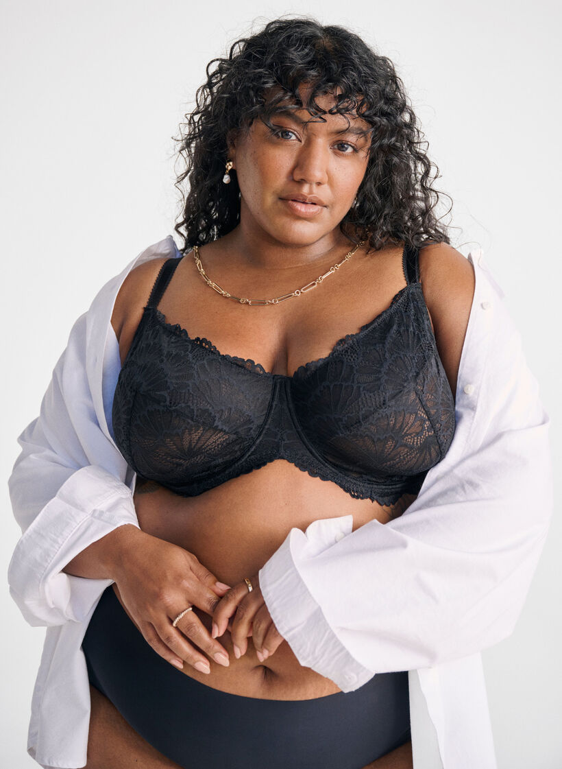 Volledig dekkende kanten bh met beugel, Zwart, Image image number 0