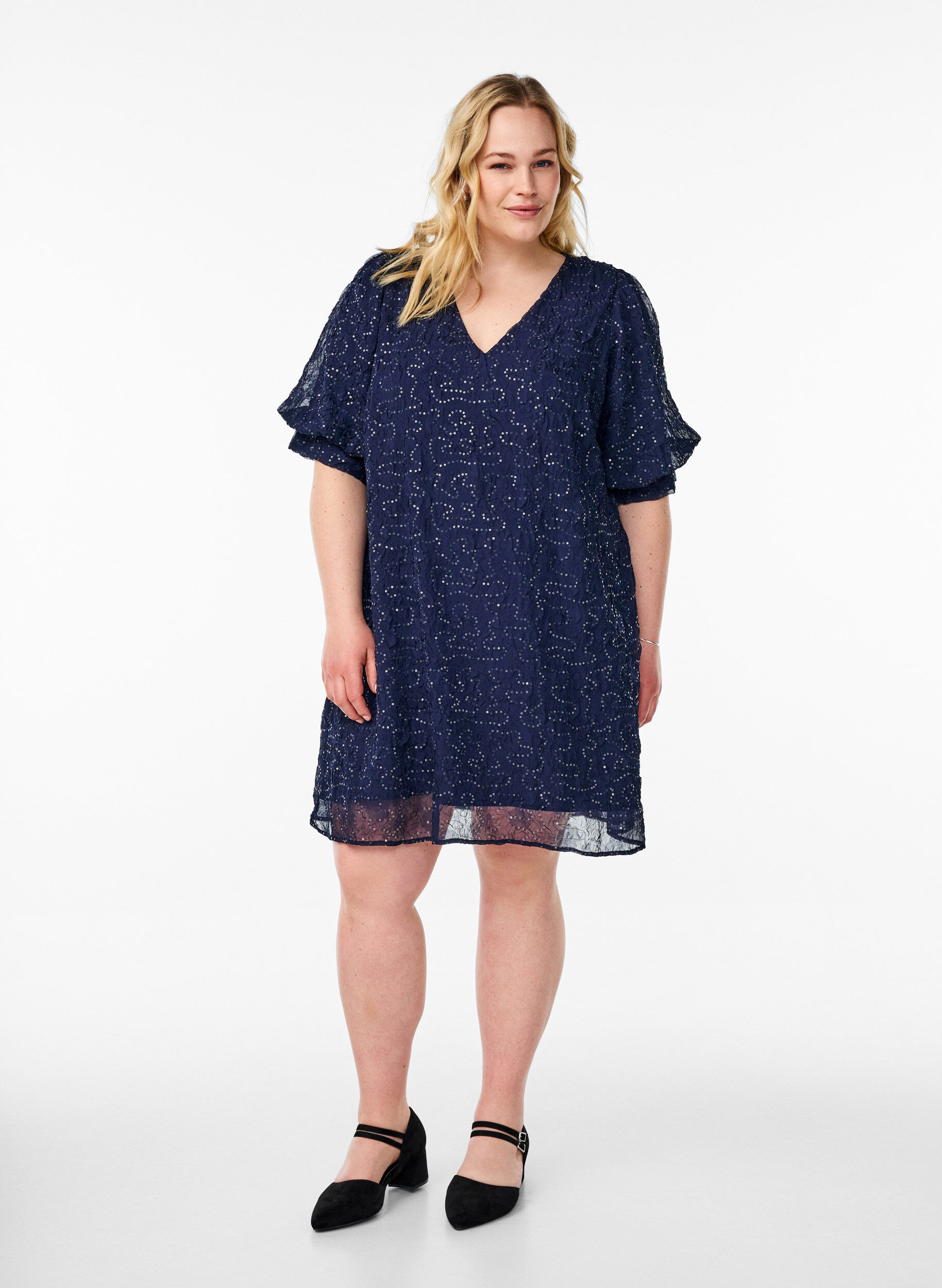 Zizzi Korte feestjurk met pailletten, Blauw, Model image number 1