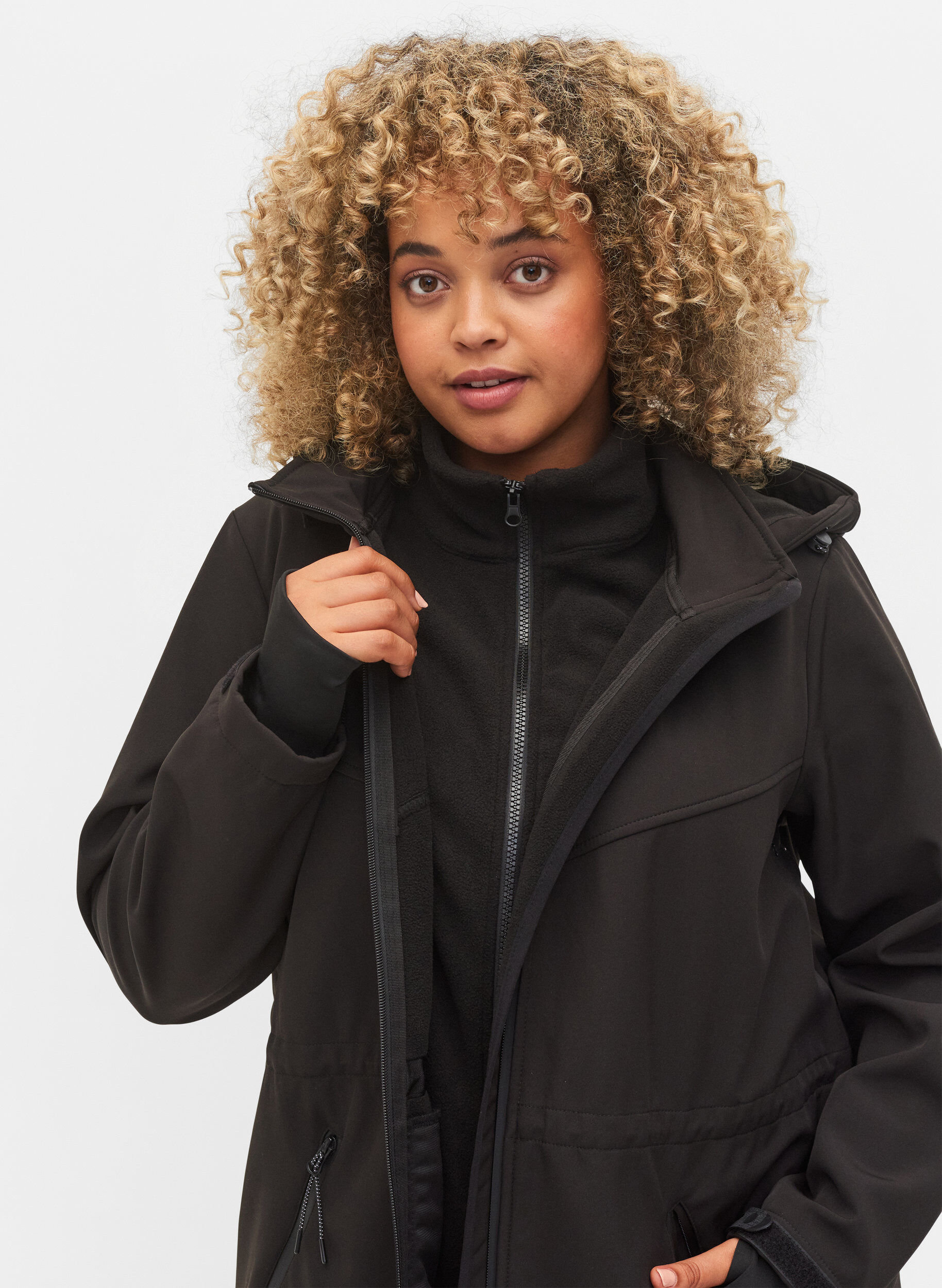 Zizzi Softshell jas met bijpassende fleece, Black Solid, Model image number 2